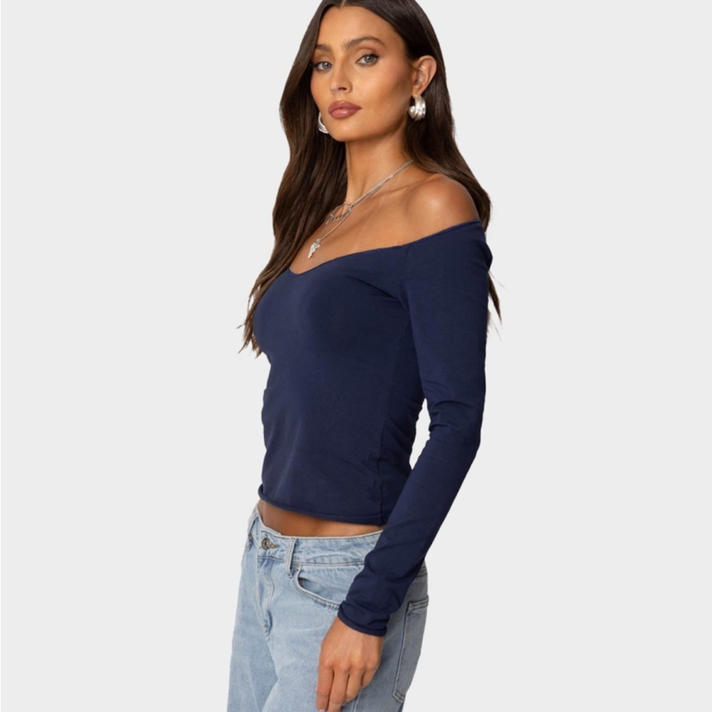 Elegant Navy Off-Shoulder Top - Picture 1 of 7
